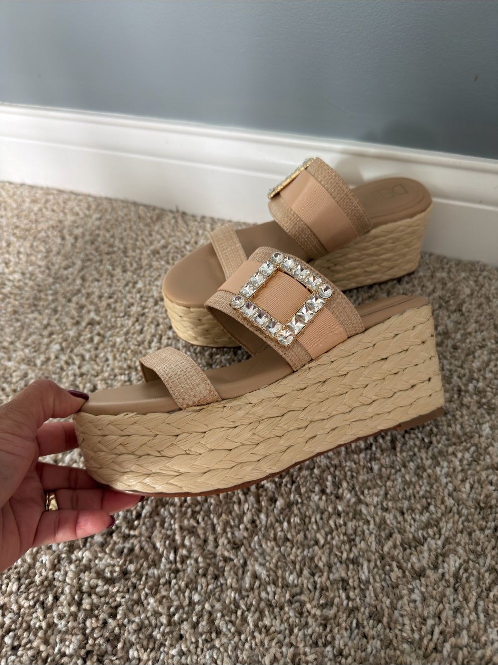 Rhinestone Buckle Espadrille Wedge Sandals in Beige - Women's
